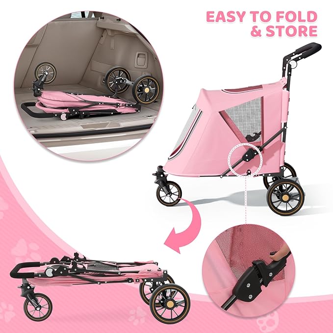 Magshion Pet Stroller for Medium Dogs w/Adjustable Handle, 3-Wheel Dog Cat Wagon w/Dual Entry, Rear Storage, Breathable Mesh, One-Foot Brake, Ideal for Large Pets up to 55 lbs, Pink