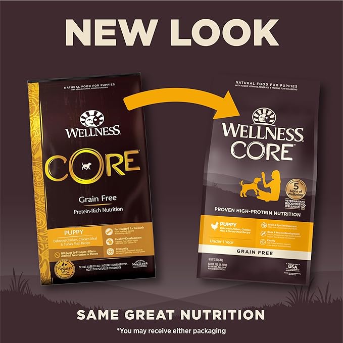 Wellness CORE Puppy Dry Dog Food, Grain Free Kibble, Natural, High Protein, Chicken and Turkey Recipe, 12 lb Bag