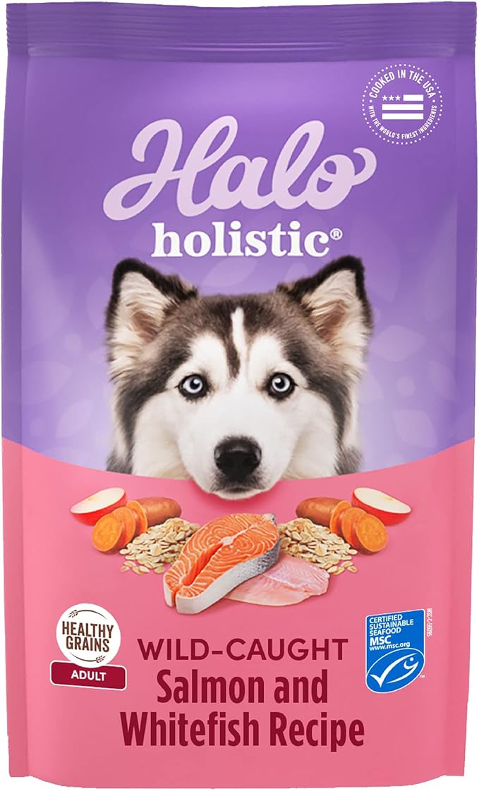 Halo Holistic Dog Food Wild Caught Salmon & Whitefish Formula, Healthy Grains Dry Dog Food, Complete Digestive Health, Kibble for Adult Dogs, 10 lb Bag