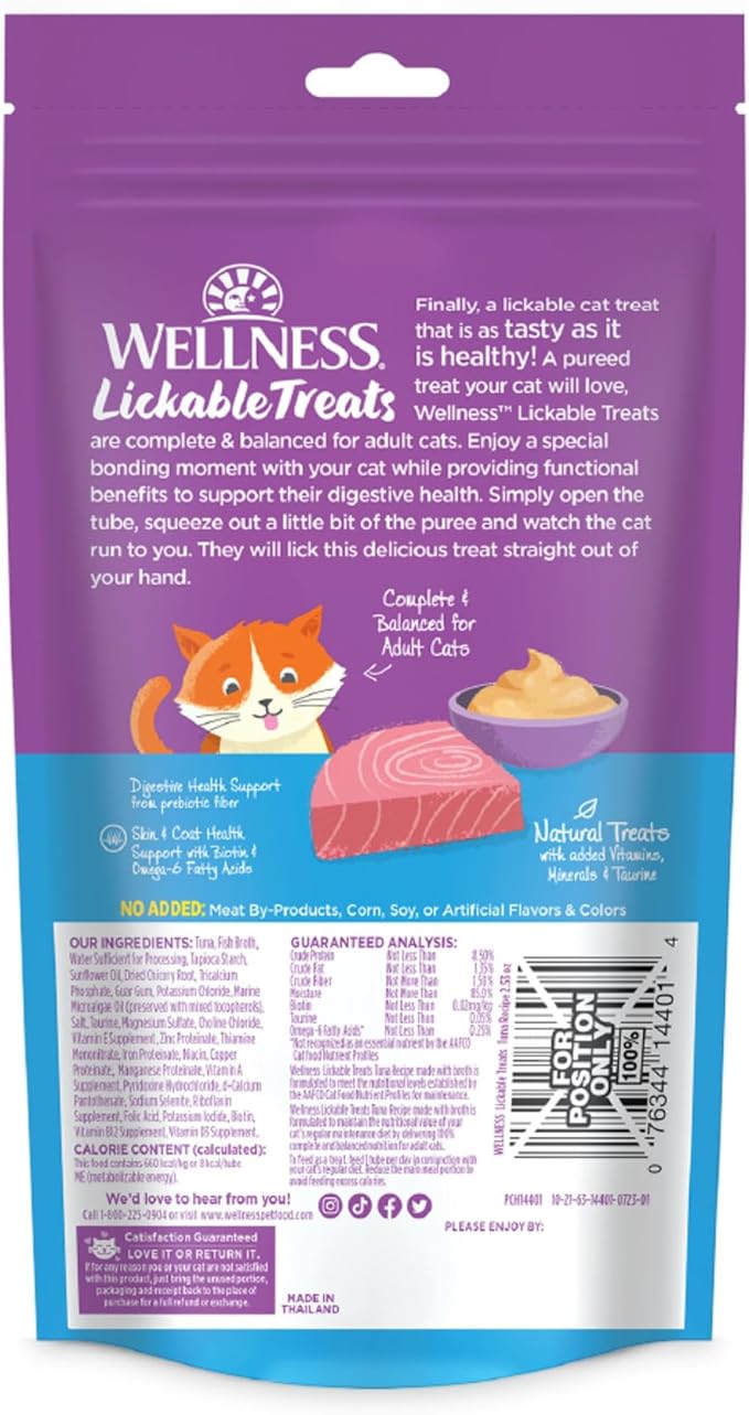 Wellness Lickable Soft Puree Cat Treats, All Lifestages, Kitten to Senior, Natural, Grain Free, Tuna Flavor, 0.4 oz, Pack of 12 Tubes