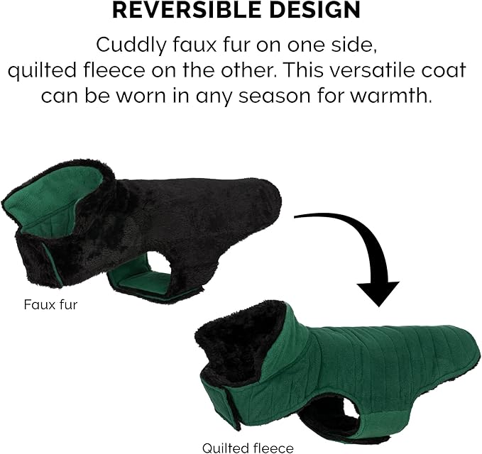 Furhaven Reversible Medium Dog Coat, Washable & Insulating w/ Leash Access - Faux Fur & Quilted Fleece Flex-Fit Jacket - Black/Green, Medium