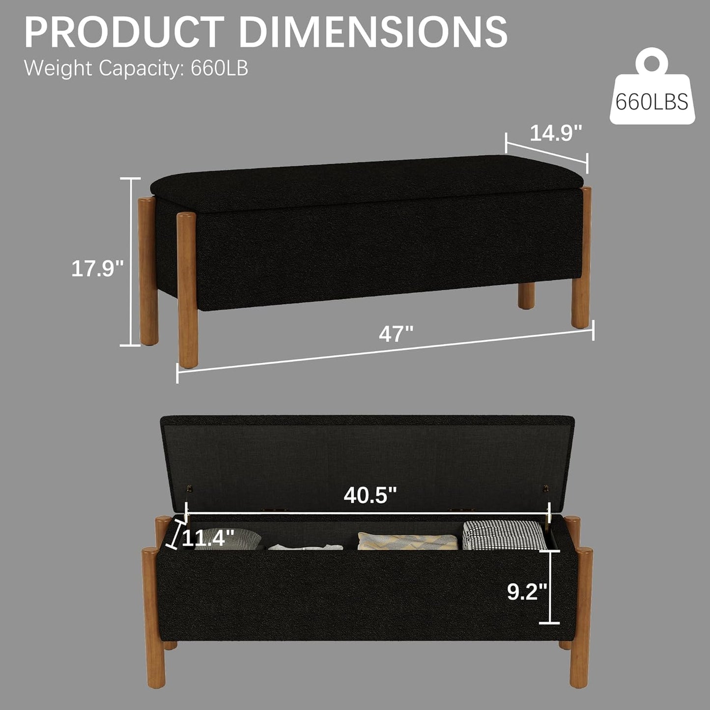 Modern Storage Benches with Walnut Wood Legs, 47'' Ottoman Bench with 20 Gallons Storage Space for Bedroom End of Bed, Fabric Upholstered Entryway Bench with Seating for Livingroom, Black