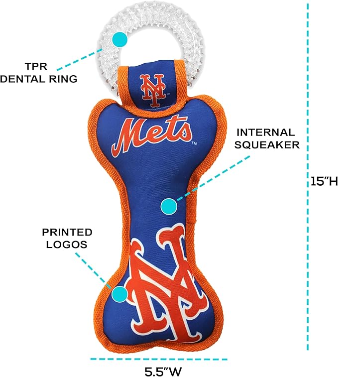 MLB New York Mets Bone Shaped DENTAL DOG TUG TOY with SQUEAKER. TOUGH PET TOY for Healthy Fun, Teething, and Cleaning pet's teeth and gum.