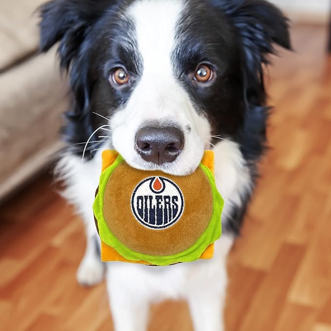 Pets First NHL Edmonton Oilers Crinkle Fine Plush Dog & Cat Squeak Toy - Cutest STADIUM HAMBURGER Plush Toy for Dogs & Cats with INNER SQUEAKER & Beautiful Hockey Team Name/Logo