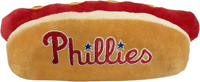 MLB Philadelphia Phillies Plush Dog Toys - Stadium Theme Snacks - Cutest Plush HOT-Dog Toy for Dogs & Cats with Inner Squeaker & Premium Embroidery of Baseball Team Name/Logo