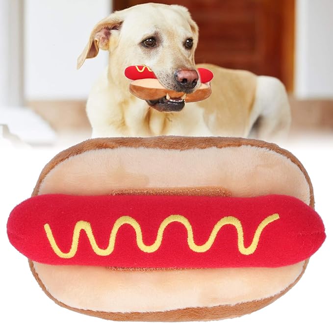 Hot Dog Plush Squeaky Toy for Dogs, Detachable Sausage, Pet Chew Toys for Small Medium Dogs Cats, 5.5 inch