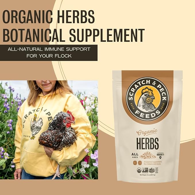 Scratch and Peck Dried Herbs Supplement for Chickens and Ducks - 10 oz Bag - Natural, Aromatic Nesting Box Herbs - Certified Organic and Non-GMO Project Verified