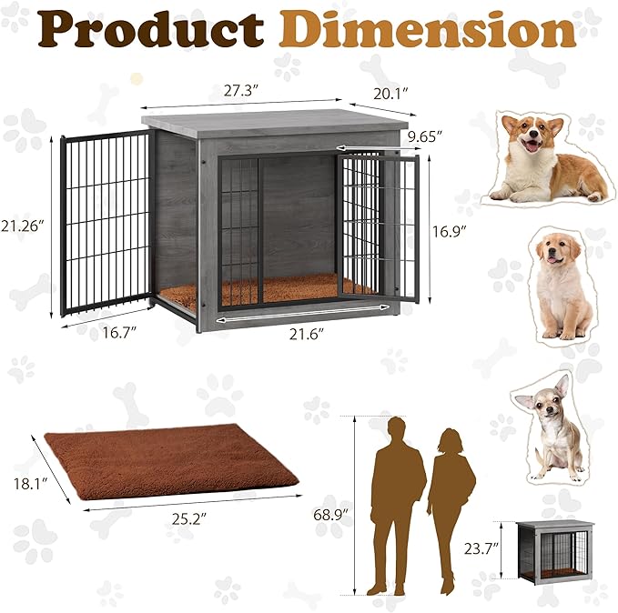 Dog Crate Furniture with Thick Cushion, Side End Table Wooden Dog Cage with Double Doors, Chew-Resistant Dog Kennel Dog House Indoor for Small to Large Dog