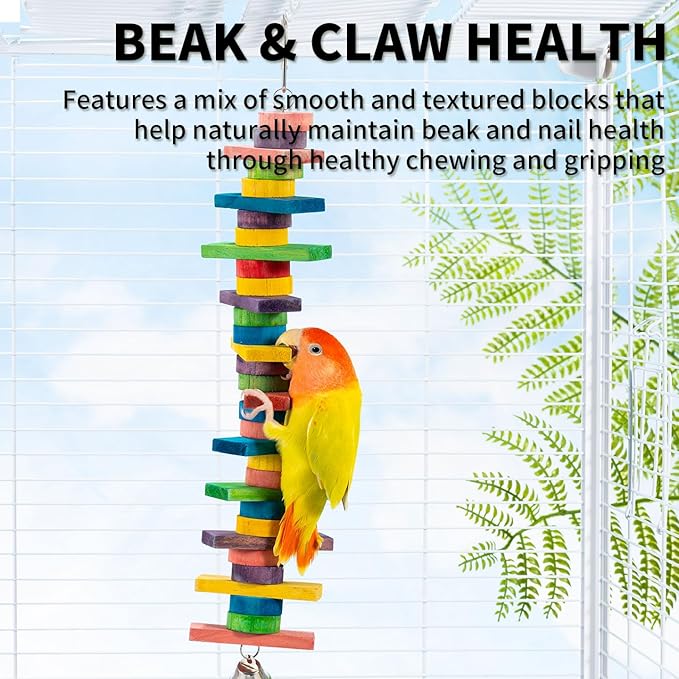 2 PCS 14.37" Multicolored Bird Toys - Stress Relief Chew Parrot Toys, Natural Wooden Blocks, Hanging Bird Cage Accessories, for Parakeets, Cockatiels, Conures, Budgies, Lovebirds