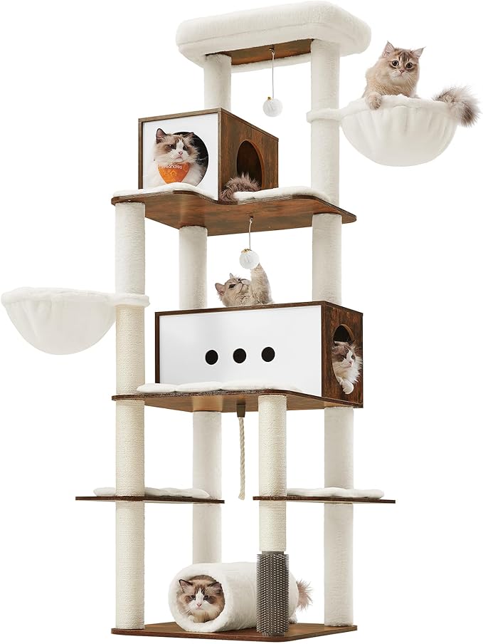 Feandrea Cat Tree, 75.6-Inch Modern Cat Tower, Tall Multi-Level Condo with 2 Caves, 2 Hammocks, 4 Scratching Posts, Self-Groomer, Tunnel, Perch, Rustic Brown UPCT193X01