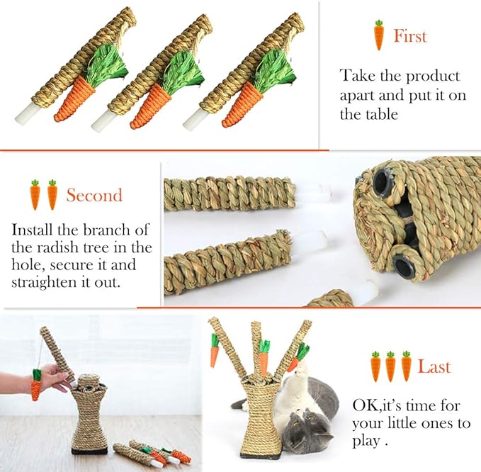 Bunny Chew Toys, Rabbit Scratching Climbing Tree with Carrot Shaped Toy, Handwoven Seagrass Chew Toy for Rabbits, Cats, Hamsters, Gerbils Teeth Grinding