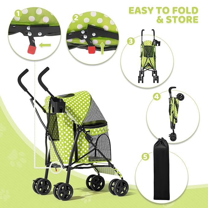 Magshion Compact Pet Stroller for Small-Medium Dogs/Cats up to 22lbs, 4-Wheel Lightweight Umbrella Shaped Portable Puppy Travel Jogger with Breathable Mesh, Cup Holder & Rear Storage, Lawn Green