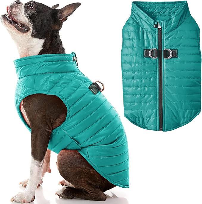 Gooby Puffer Vest - Turquoise, Medium Zip Up Windbreaker with D Ring Leash - Water Resistant Dog Sweater Coat for Small Dogs