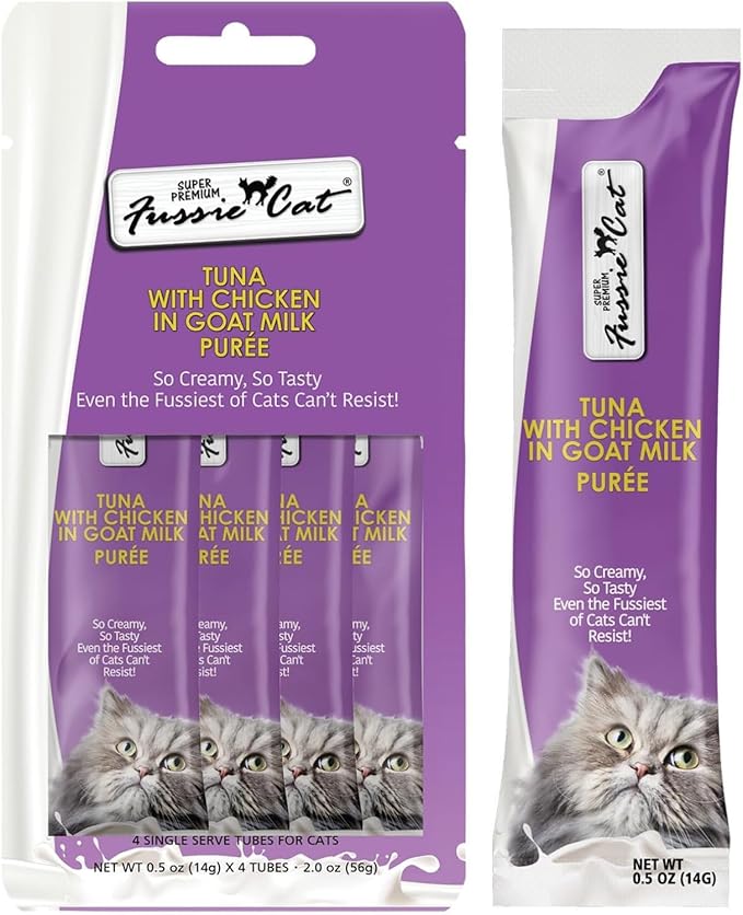 Fussie Cat Premium Puree Lickable Cat Treats in Goat Milk, Tuna Variety Flavor Pack, 3 Packs of 4-0.5oz Tubes,(12 Total Tubes) Variety Tuna Flavor Pack of 3 Flavors + Lid