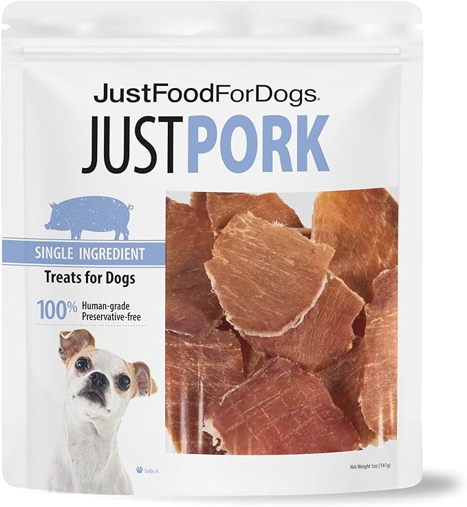 JustFoodForDogs Single Ingredient Healthy Dog Treats and Dog Snacks, Jerky Treats, Human Grade, Preservative and Grain Free, Rawhide Free Chews, Low Calorie Treat - Pork, 5 oz