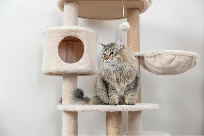 TRIXIE Anna Cat Tree – Cat Tower with Sisal Posts, Dual Hammocks, Caves & Hanging Toy – Indoor Cat Furniture for Scratching & Climbing – Beige, 23.6" x 23.6" x 50.4"