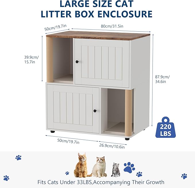 Double Cat Litter Box Enclosure Furniture for 2 Cats – 2-Tier Modern Farmhouse Cabinet, Mark Post, Odor Control, Hidden Washroom, Litter Mats, Dog-Proof Storage, End Table – Slotted Door White