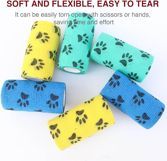 Self-Adhesive Vet Wrap for Pets - 6 Rolls 4 Inch Cohesive Bandage for Dogs Cats Horses Rabbits, Pet First Aid Wound Care Stop Bleeding Prevent Licking