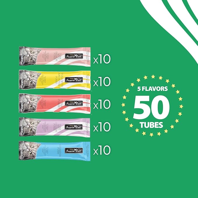 Fussie Cat, 0.5 Ounces Each, 50 Tubes, Tuna Variety 5 Flavors