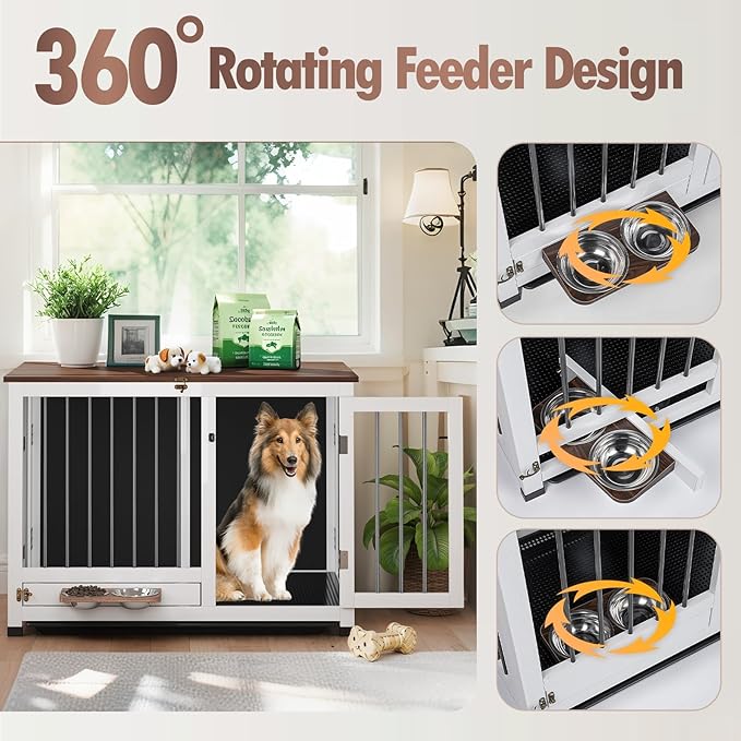 39.4" Dog Crate - Wood Dog Kennel Furniture with Removable Tray & 360° Rotating Feeder | White Dog Cage for Living Room, Bedroom, Indoor Sturdy Pet End Table for Medium & Large Dogs | Easy Assembly