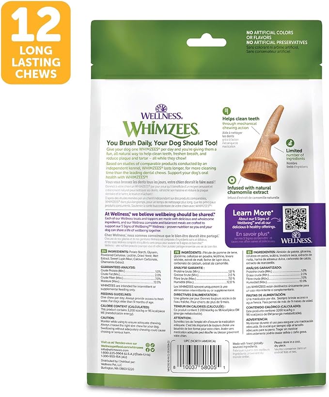 Wellness WHIMZEES Antler Occupy Dog Dental Treat, Chews, Freshens Breath, Medium Size, 12.7 oz Bag, 12 Count