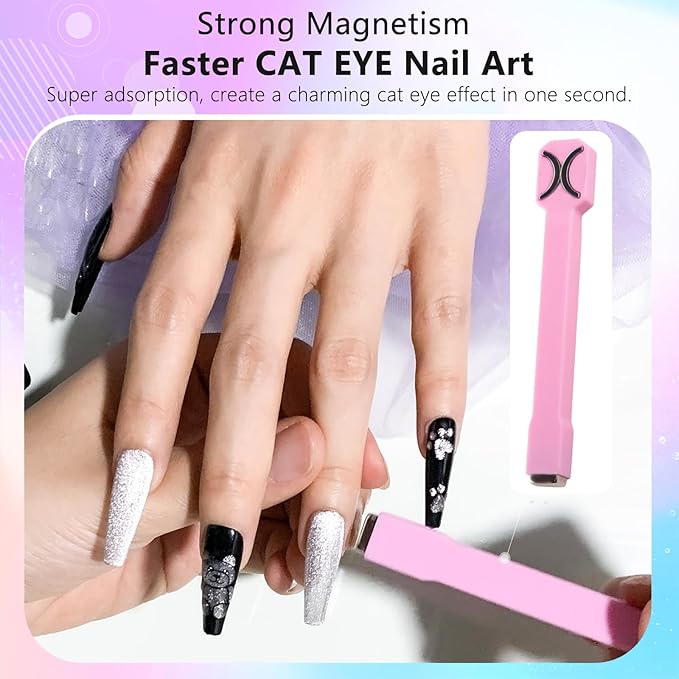 Honey Joy 3-in-1 Cat Eye Magnet for Nails, Multi-Function Nail Magnet Stick, Upgraded Cateye Magnet Tool for 3D Magnetic Cat Eye Gel Polish Nail Art, Salon & Home Use (NAT253-Pink)