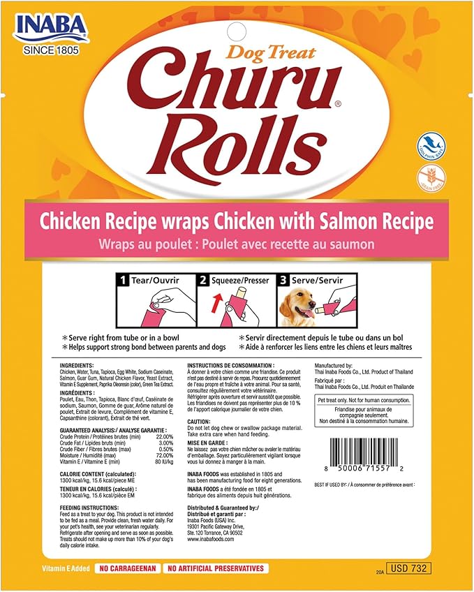 INABA Churu Rolls for Dogs, Soft & Chewy Baked Chicken Wrapped Filled Dog Treats, 0.42 Ounces Each Tube, 48 Tubes Total, Chicken with Salmon Recipe