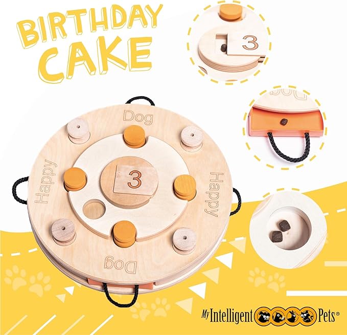 Birthday Cake - Dog Puzzle Toy, Interactive Wooden Brain Game for Dogs, Mental Enrichment Toy, Enhances Natural Instincts