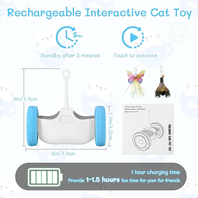 Interactive Cat Toy, Kitten Toy for Indoor Cats, Automatic Cat Toy with LED Lights, Cat Mouse Toy, USB-C Rechargeable (NOT for Carpet)