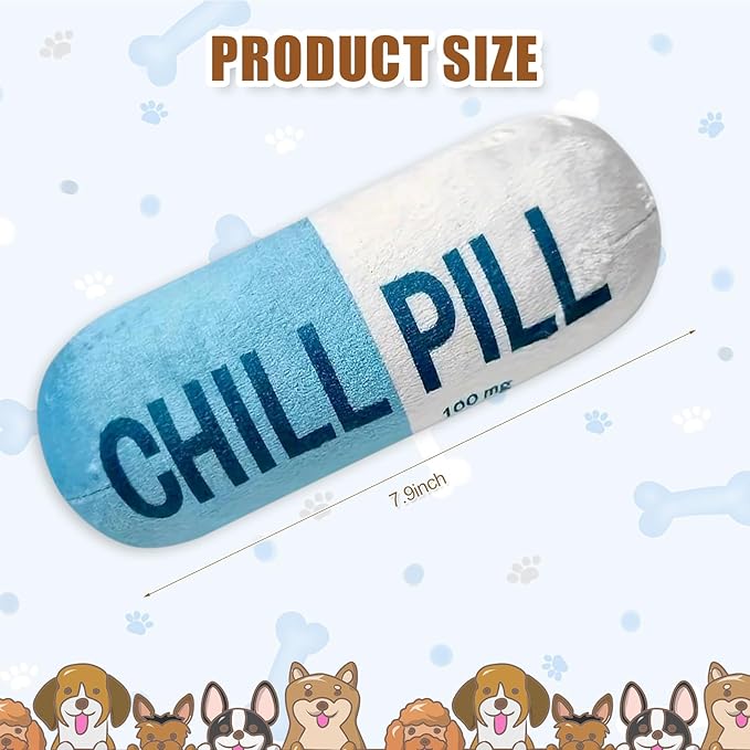 Wanheart Funny Chill Pill Dog Toy, Squeaky Plush Capsule for Teething Puppies & Cats, Interactive Chew Gift with Bite-Resistant Design, Pet Lover Present, Training Supply & Photo Prop(Blue)