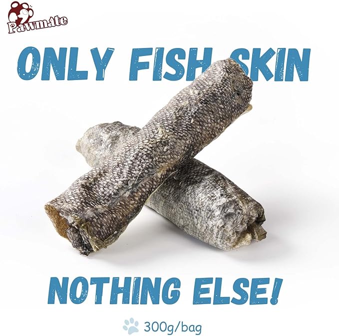 Pawmate Dog Treats Natural Cod Skin Rolls, Rawhide-Free Chewy Fish Skin Dog Chews for Medium Large Breeds, One-Ingredient Healthy Training Treats Rich in Omega3 & Protein, 10.6 oz