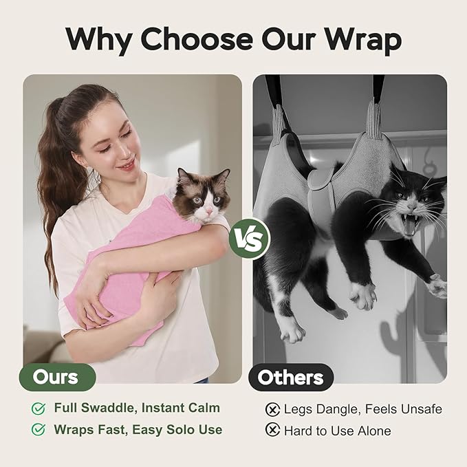 Cat Wrap for Cutting Nails, Self-Adhesive Cat Nail Clipping Restraint Bag, Anti-Scratch Cat Grooming Wrap Swaddle for Meds, SubQ Fluids, Ear Cleaning, Teeth Brushing & Vet Visits,Pink,L