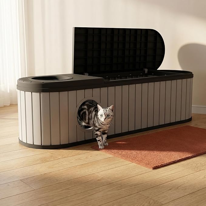 Large Cat Litter Box Enclosure with Hidden Cat Bed, 2-in-1 Resin Cat House Furniture with Flip-Top Lid & Dual-Way Swing Door, Multi-Functional Side Table Bench for Living Room, Easy-Clean Odor Control