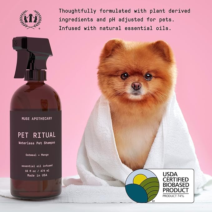 Muse Apothecary Pet Ritual Aromatic Waterless Dog Shampoo - No Rinse Dry Shampoo for Dogs & Cats - Essential Oils Infused, 16oz Fresh Bouquet