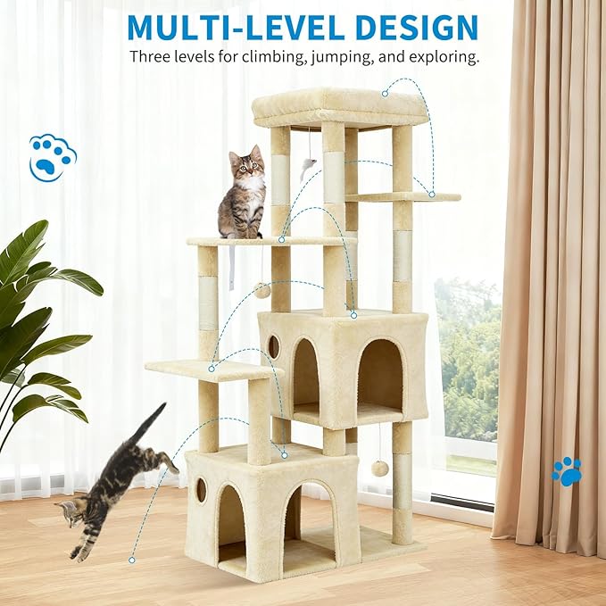 GarveeLife 61" Multi-Level Cat Tree for Indoor Cats, Heavy-Duty Tower for Large Adult & Maine Coon Cats with Oversized Perch, Dual Condos, Natural Sisal Scratching Posts & Play Toys – Beige