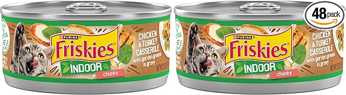 Friskies Purina Indoor Cat Food Chunky Chicken and Turkey Casserole with Garden Greens in Gravy 24/5.5 Oz - 5.5 Oz. Cans (Pack of 48)
