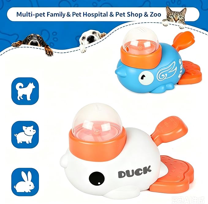 2-in-1 Duck Shaped Interactive Dog Toy Food Puzzle Slow Feeder (White/Blue Duck Shaped with Button), cat Snack Dispenser, Reduces Bloating in Small Animals, Dog Puzzle Feeder