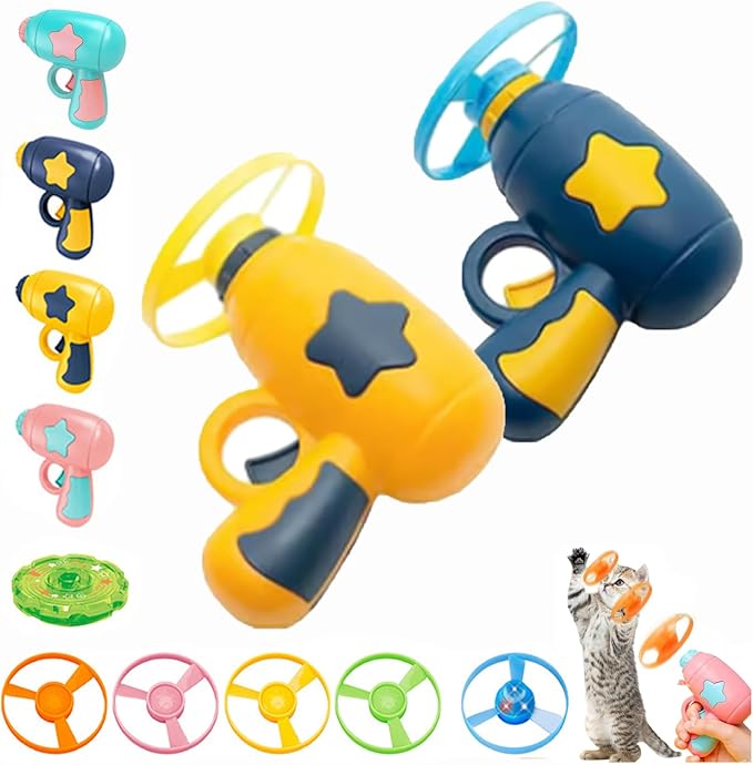 Bamboo Dragonfly Catapult Pistol, Bamboo Dragonfly Catapult Launcher, cat Fetch Toy Flying disc Saucer Launcher, Cat Fetch Toy with Colorful Flying Propellers Set (Yellow+Dark Blue)