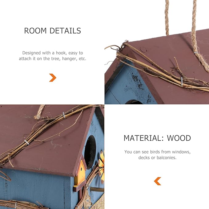 Kisangel Wooden Bird Parrot House Feeder Hanging Wild Bird House Outdoor Garden Blue Metal Edge Birdhouse for Backyard Birding and Wildlife Feeding