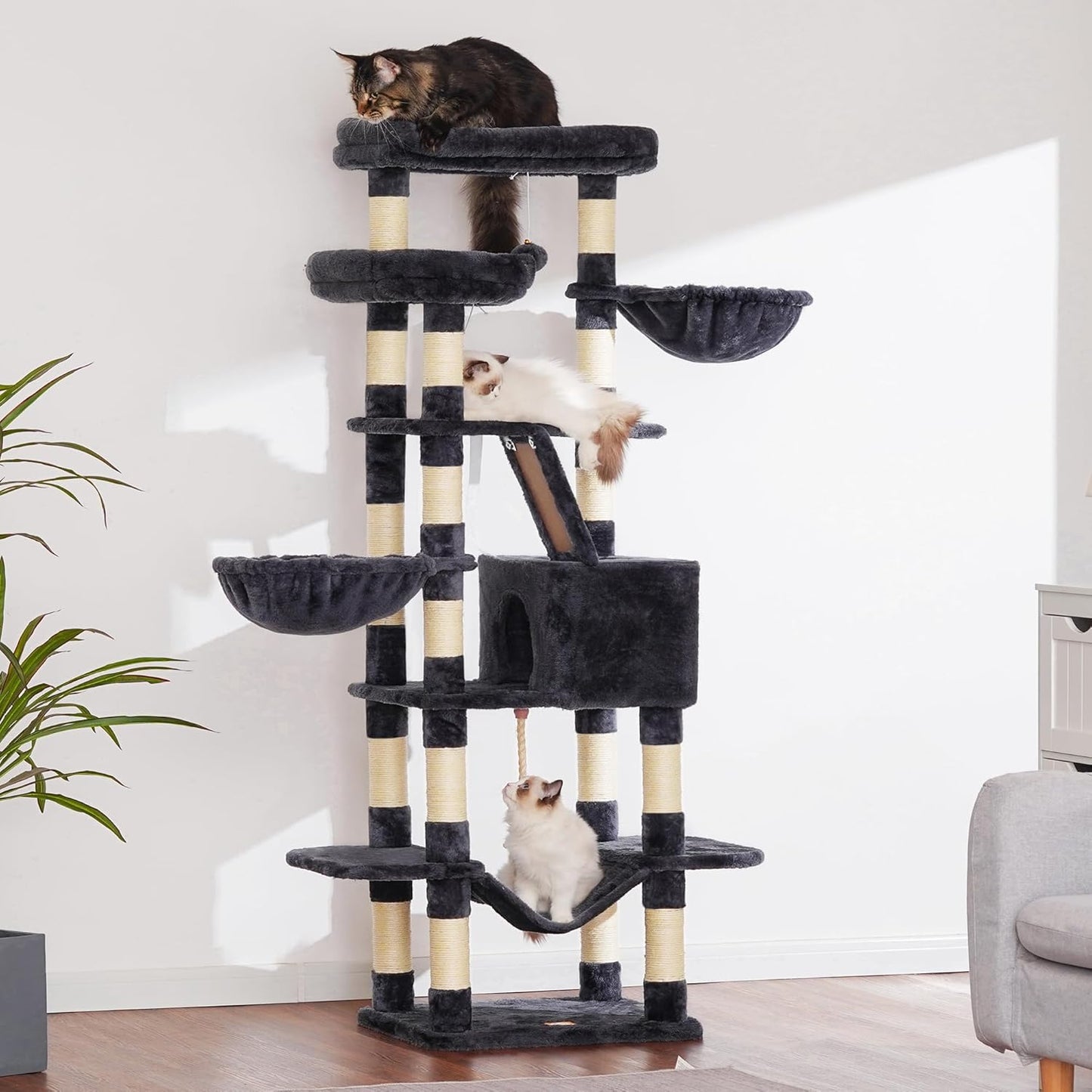 Heybly Cat Tree, 68 inch Multi-Level Cat Tower for Indoor Cats, 2 Widened Plush Perches Cat Condo with Scratching Board and Big Caves, Smoky Gray HCT025G