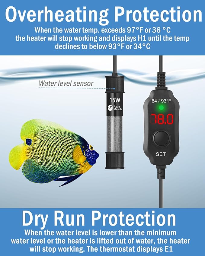 AquaMiracle Aquarium Heater 15W Fish Tank Heater for 1-3 Gal Tanks, LED Digital Display Thermostat Turtle Heater with Out-of-Water Auto Shut-Off, Overheat Protection & Memory Function