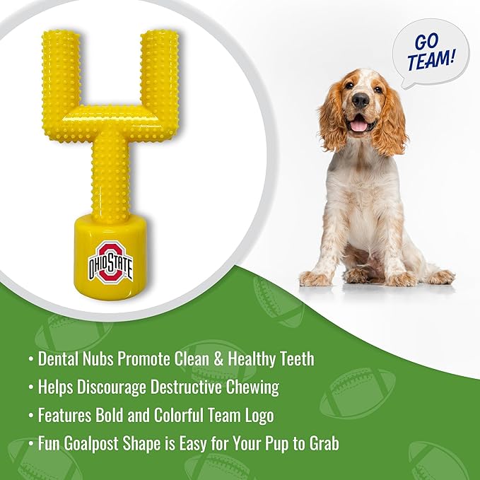 NCAA Ohio State Buckeyes Mega-Chew Hard Nylon Bacon-Flavored Dog Bone Football Goal-Post Chew Toy. Interactive, Tasty & Fun Dog Chew Toy. Indestructible, Strong, Tough & Durable Pet Chew Toys