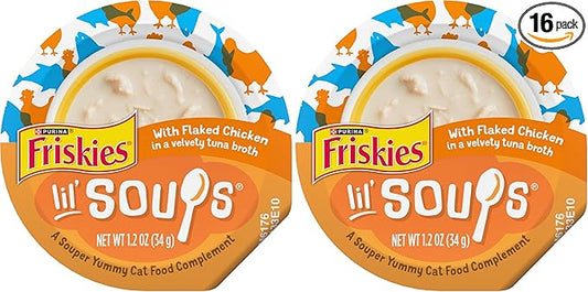 Friskies Purina Natural,Grain Free Wet Cat Food Lickable Cat Treats,Lil' Soups Flaked Chicken - 1.2 oz. Tubs,(Pack of 16)