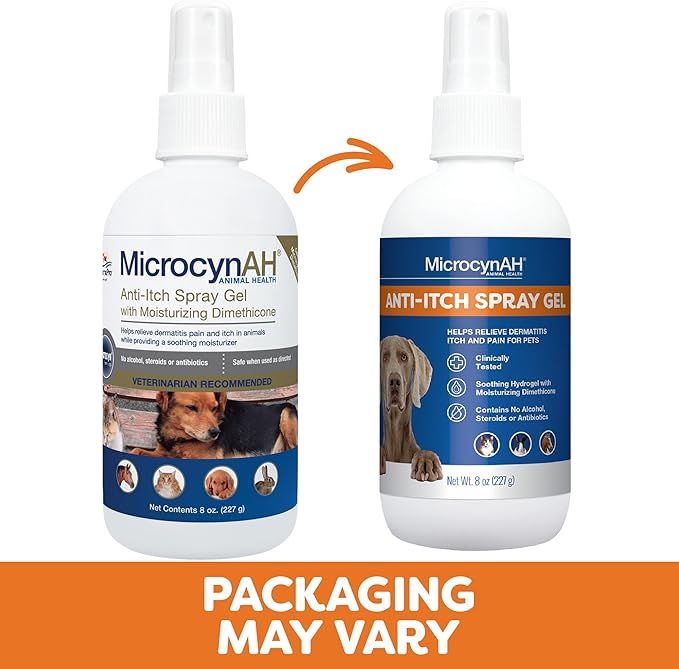 MicrocynAH Anti-Itch Spray Gel, Soothing Hydrogel w/ Dimethicone, Relief Dermatitis Itch & Pain, Clinically Tested, No Alcohol, Steroids or Antibiotics, Safe for Dogs, Cats, Horses & Rabbits, 8oz