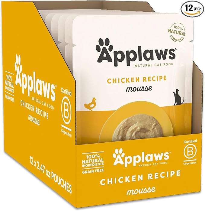 Applaws Natural Wet Cat Food in Mousse, Limited and Natural Ingredients, Grain-Free, High Protein with No Artificial Additives, Chicken (12 x 2.47oz Pouches)