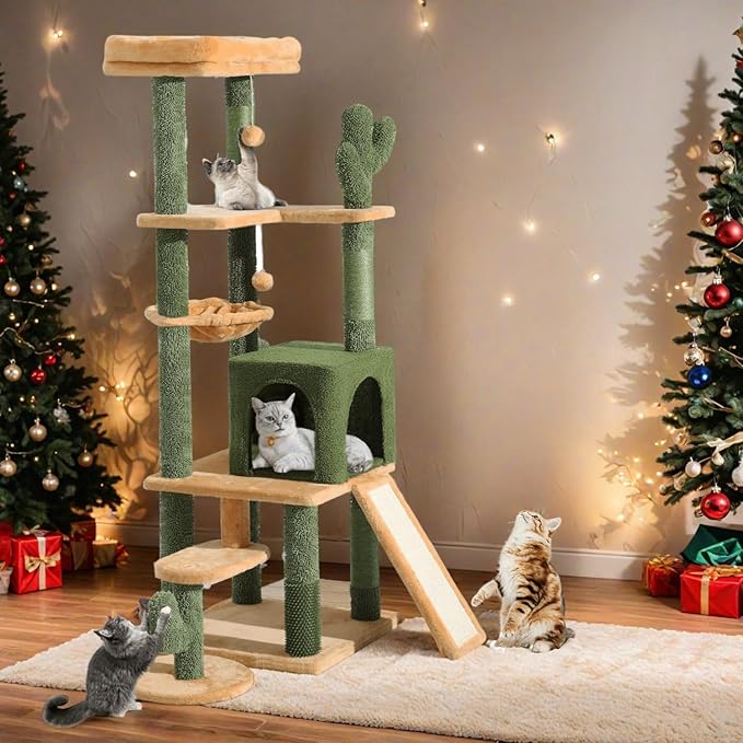 YITAHOME Tall Cactus Cat Tree Tower with Self-Grooming Brush, 60in Cute Cat Climbing Tower for Indoor Cats with Cat Condo, Top Perch, Basktet, Sisal Scratching Posts and Board, Dangling,Ball
