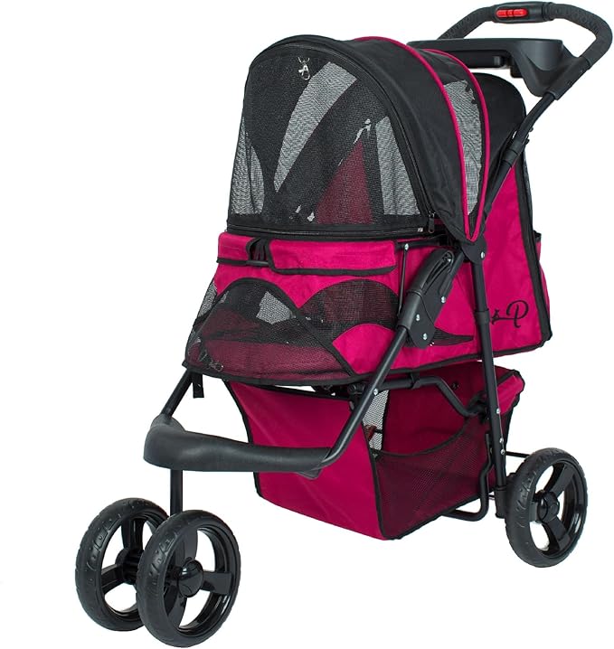 Petique Durable Pet Stroller, Easy Fold, Quality mesh Windows, Large Storage Basket, Secure Cup Holder Tray, for Small to Medium Dog, Cat, Bunny, Supports Pets up to 55LBS - RAZZBERRY