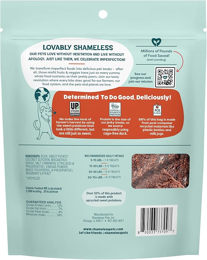 Shameless Pets Jerky Bites Treats, Duck-Tato - Healthy Dog Chews for Digestion Support with Fiber - Dog Treats with Real Cage-Free Duck - Free from Grain, Corn & Soy - 14 oz