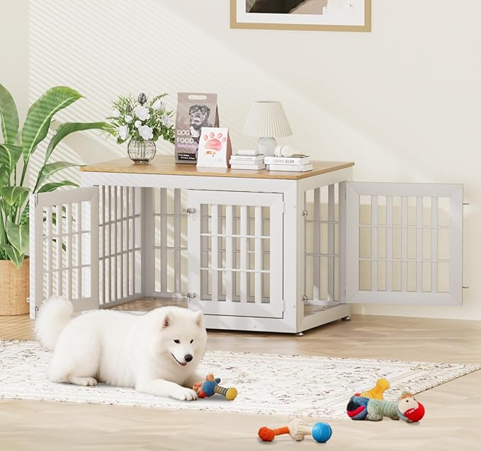 Snuowu 42" Heavy-Duty Dog Crate Furniture for Large/Medium Dogs, XL Wooden Dog Cage Kennel Indoor Furniture, Decorative Pet House End Table,White & Wood