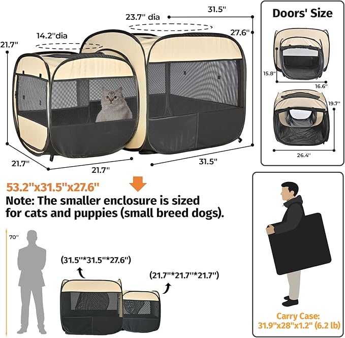 EighteenTek® 2-in-1 Portable Cat Playpen(End Doors), Pop up Kitten Playpen, Assembly-Free, Pet Tent Crates Kennel Cage Enclosure for Dog Puppy Indoor Outdoor(Beige)(No Divider, Unified Space)